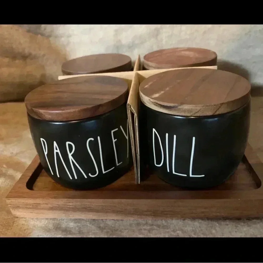 Rae Dunn Black Four Herb Thyme Basil Dil Parsley‎ Set With Tray